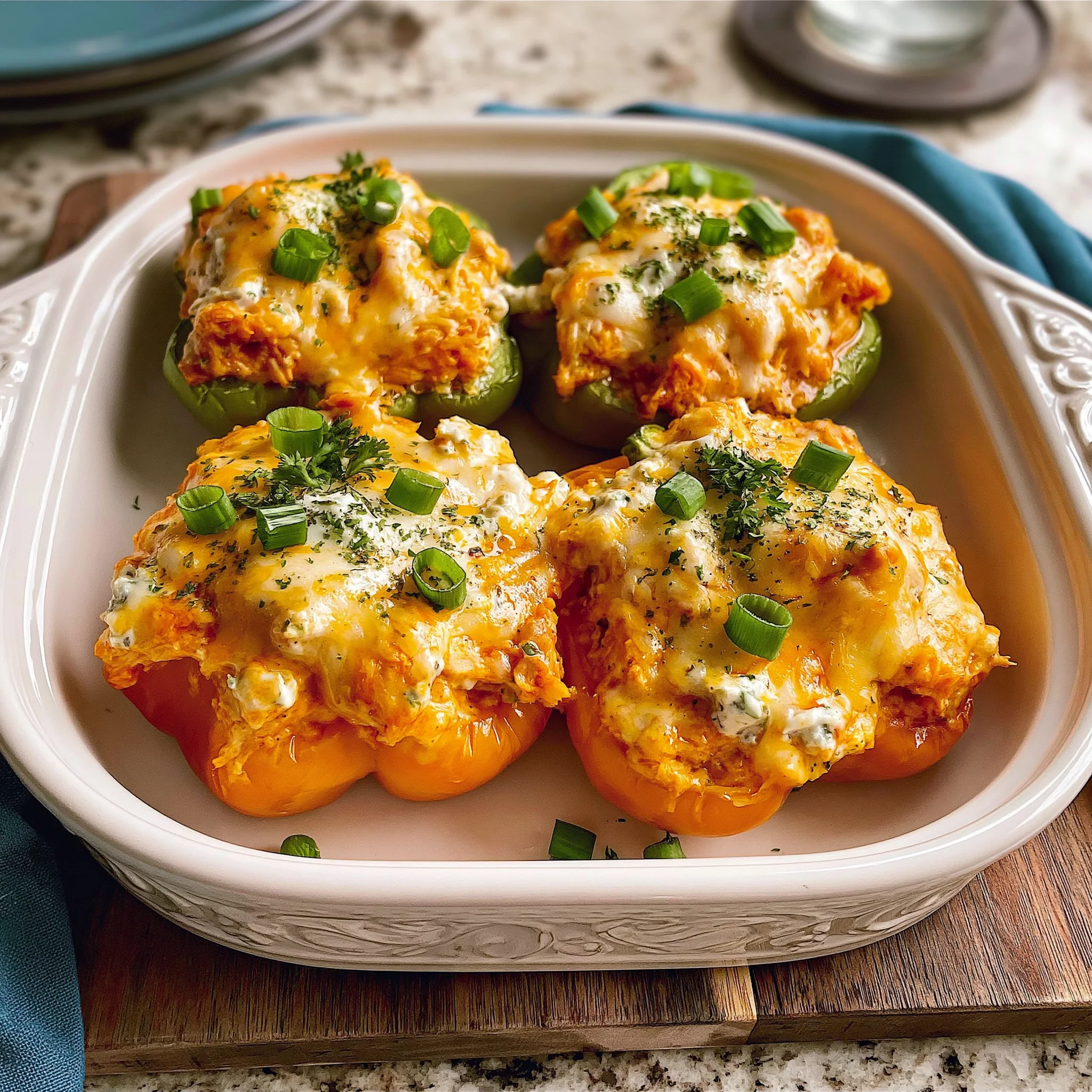 Garlic Parmesan Buffalo Chicken Stuffed Peppers