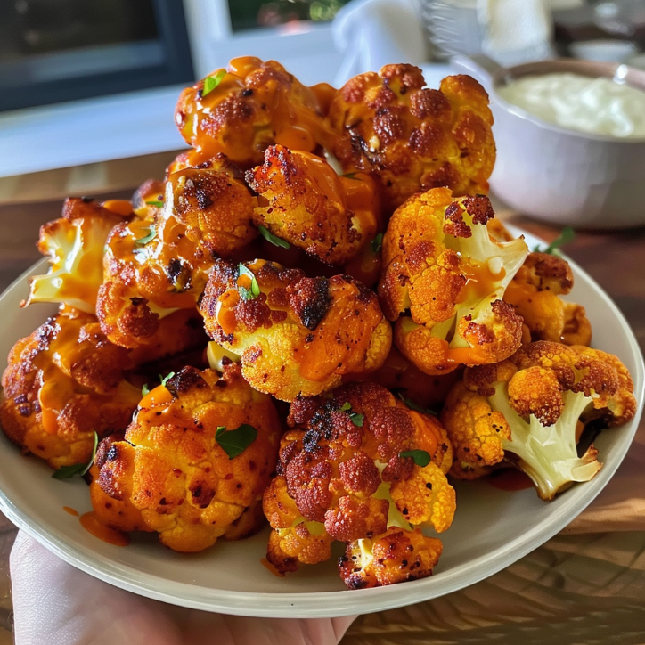 Creamy Garlic Healthy Buffalo Cauliflower Bites