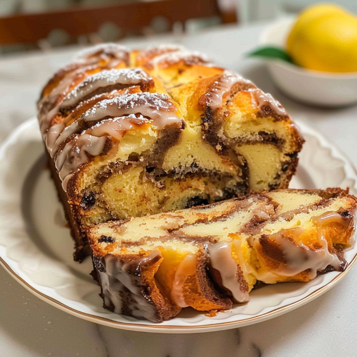 wilgotna babka z brzoskwiniami i lukrem