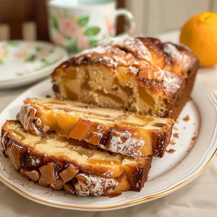 wilgotna babka z brzoskwiniami i lukrem