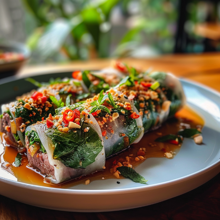 thai basilikum rindfleisch rollen