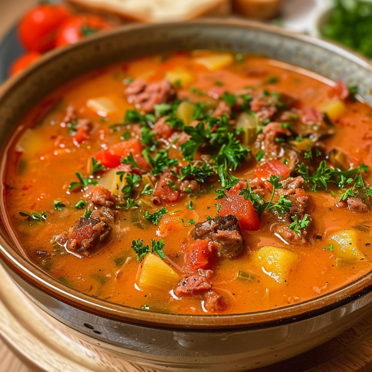 Paprikasuppe mit Hackfleisch
