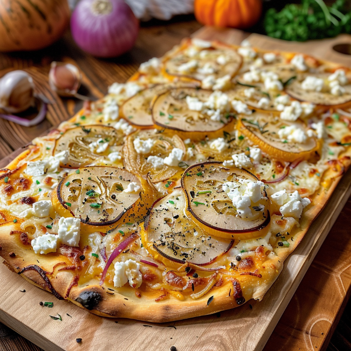 Kürbis Flammkuchen mit Feta: Kürbis-Flammkuchen mit Feta –