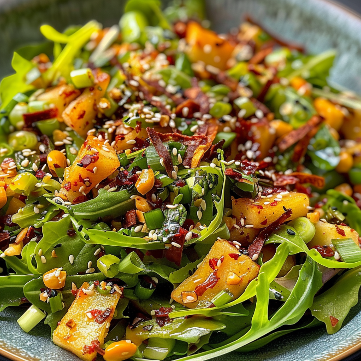 zuckerschoten-salat mit chili-crisp ein