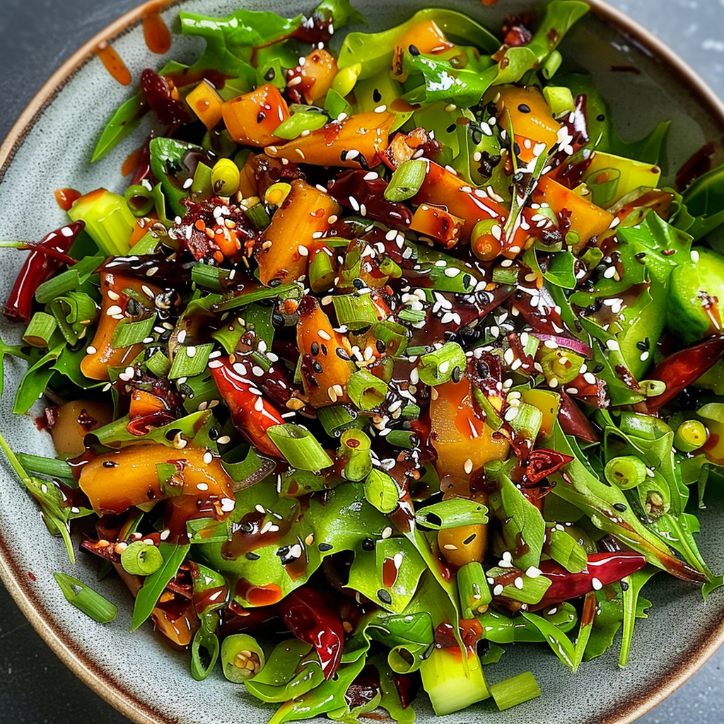 zuckerschoten-salat mit chili-crisp ein