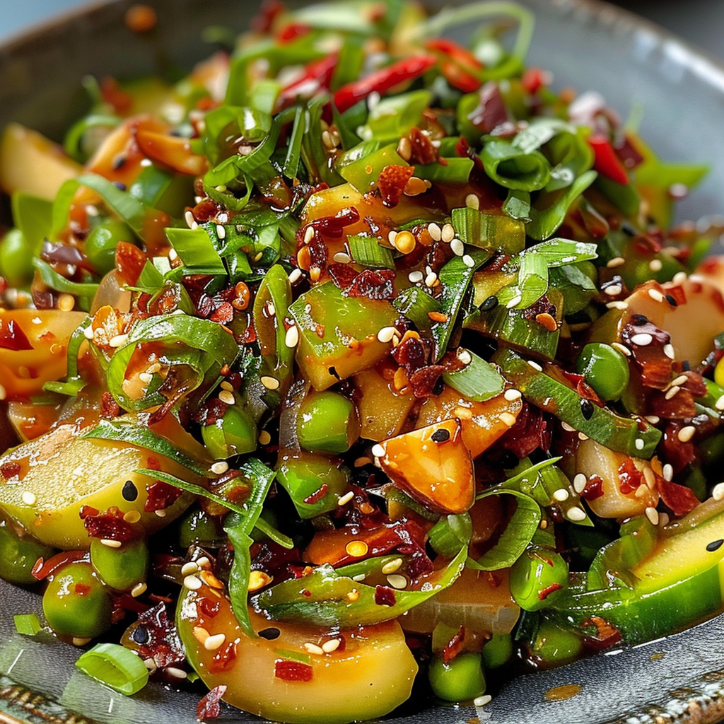 zuckerschoten-salat mit chili-crisp ein