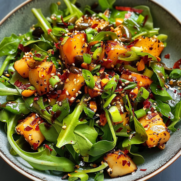 zuckerschoten-salat mit chili-crisp ein