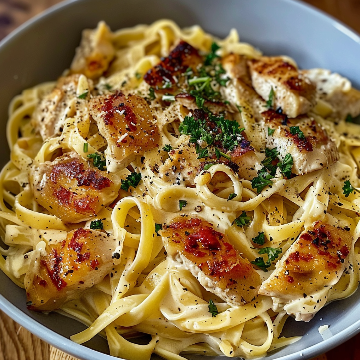 knuspriges hähnchen mit fettuccine
