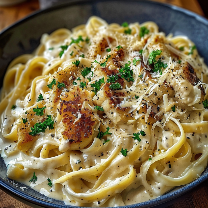 knuspriges hähnchen mit fettuccine